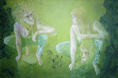 Gemälde in Mischtechnik zweier Männer, einer davon mit einer Affenmaske, die sic gegenüberhocken,
       Illustration des Liedes Das zweite Gesicht von von Peter Fox